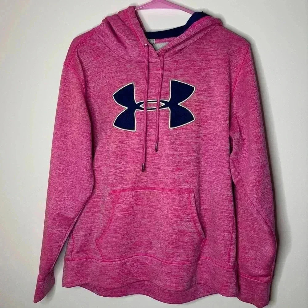 Women’s Under Armor Pullover Hoodie Sweatshirt Hot Pink with Navy Blue Logo